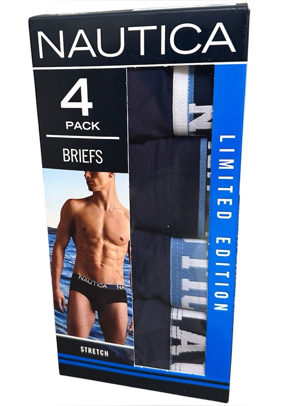 Nautica Men’s Limited Edition 4 Pack Stretch Briefs Logo Waistband   L (36-38)